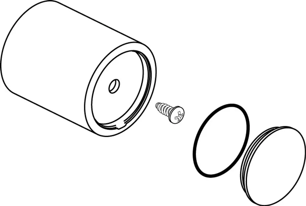 Produktbestandteile von Ideal Standard: zylindrischer Griff, Schraube und zwei Dichtungsringe, grafisch dargestellt ohne erkennbare Maße.